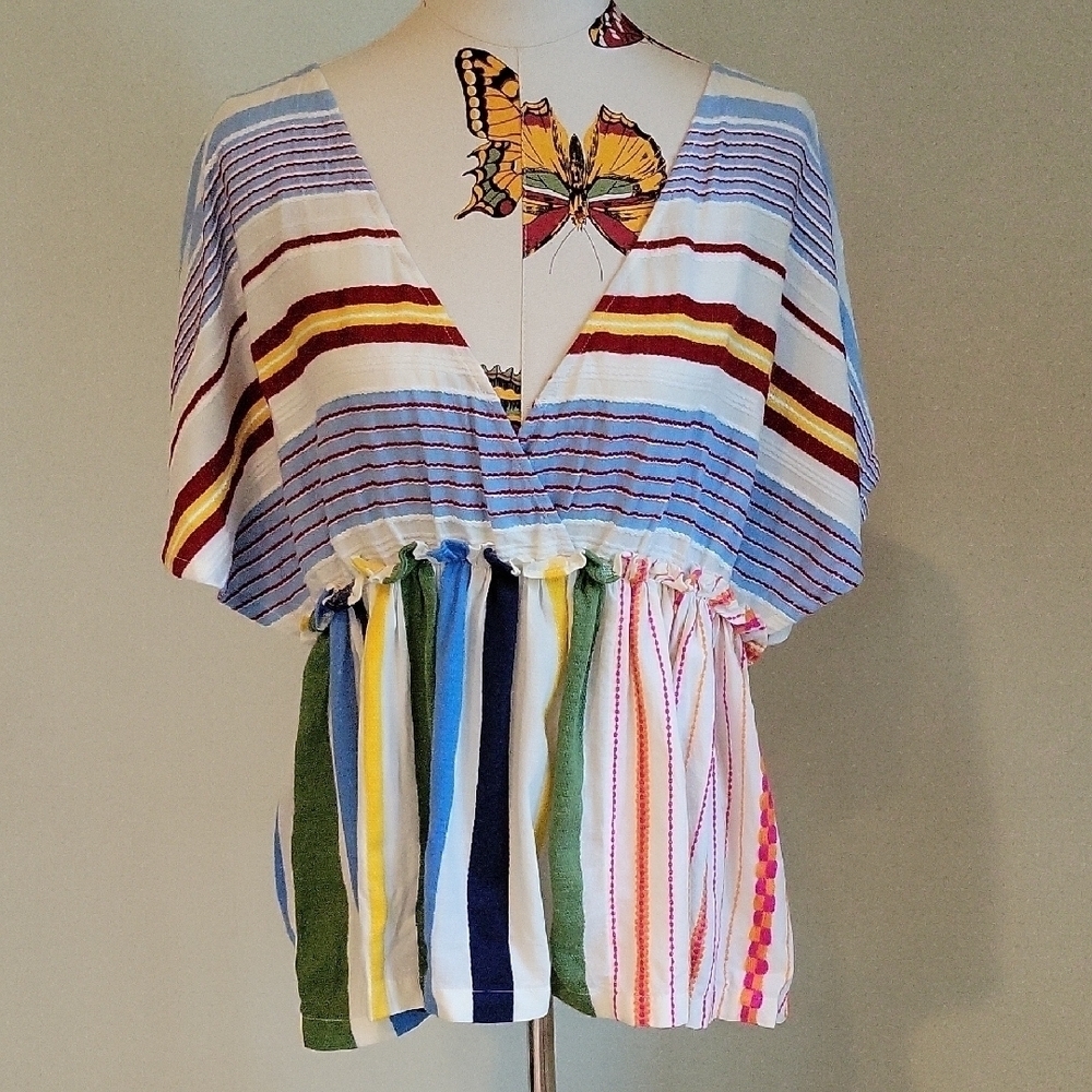 Lou & Grey Multi Colored Peplum Top Elastic Waist Size Large Cotton Blend